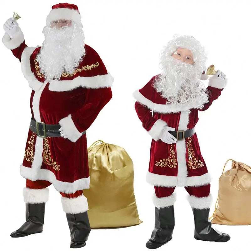 Hot Sale Deluxe Red Christmas Clothes Adult for Cosplay Santa Suit Christmas Santa Claus Costume for Adult and Kid