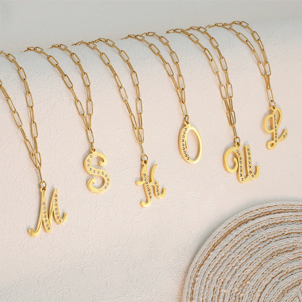Hot Selling Trendy Stainless Steel and Brass Initial Alphabet Letter Necklace with Rhinestone for Anniversary Occasions