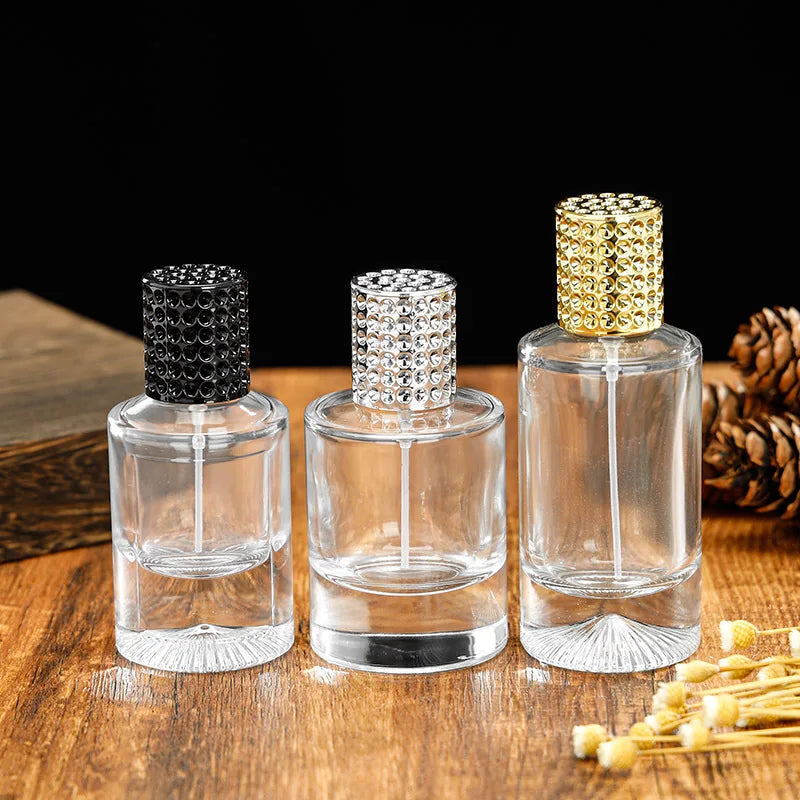 New Design 30ml 50ml clear Cylinder Spray Glass Perfume Bottle with Pump Sprayer
