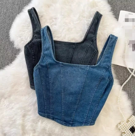 One Size  Retro Short Denim Camisole Vest Summer Versatile Zippered Backless Top for Women's Outerwear