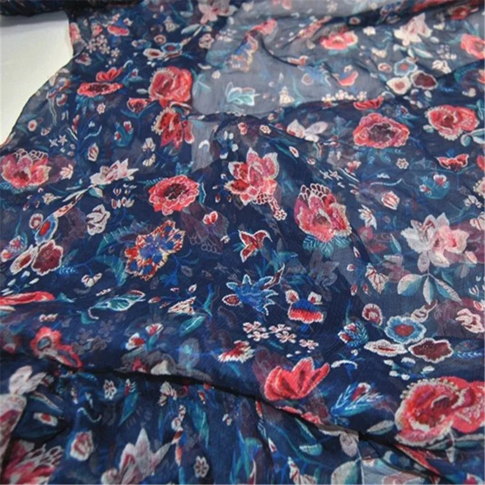 Newest Navy Blue Floral Printed Healthy Mulberry Soft 100% Pure Silk Crinkle Chiffon Fabric for Spring Lady Dress