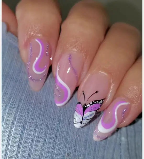 Temooi Wholesale Glitter Butterfly Almond Press on Nails With Nail Glue 24Pcs ABS False Nails