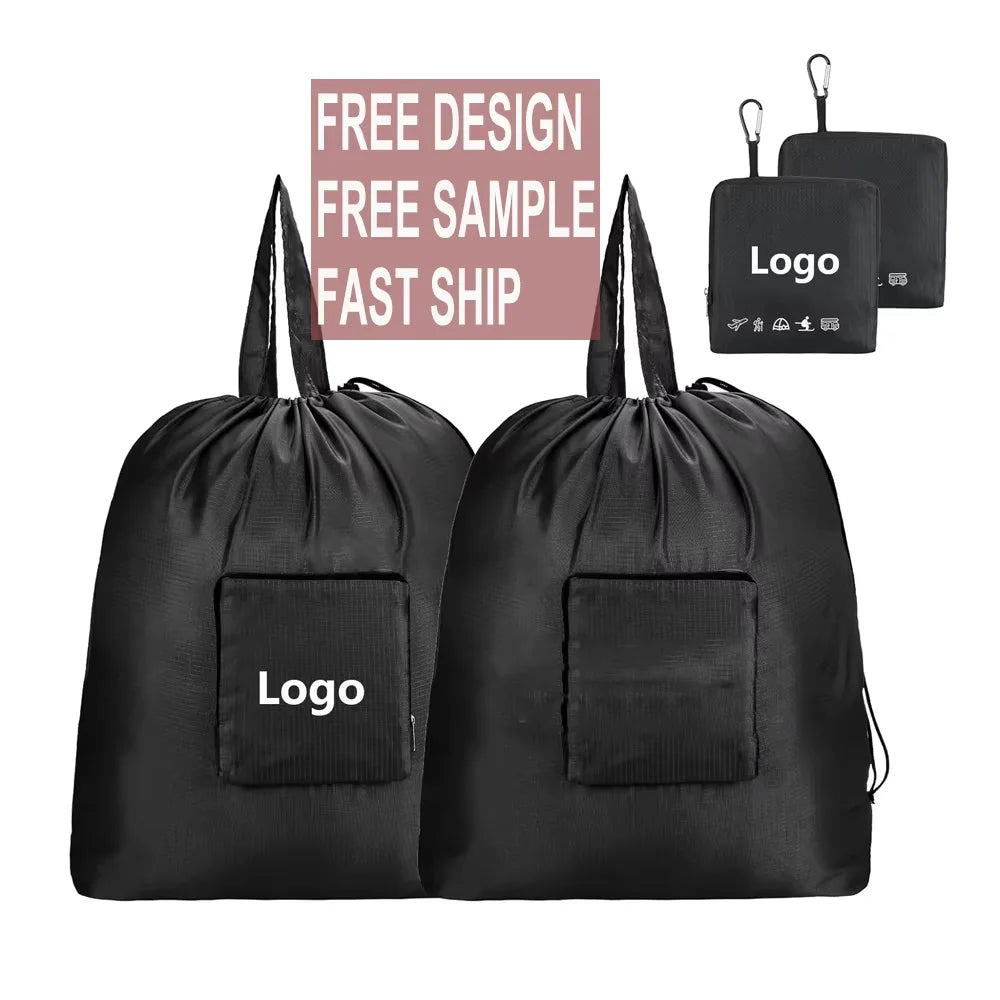 Custom Logo Heavy Duty Oxford Polyester Foldable Drawstring Bags Closure Travel Laundry Bags Handle for Camping Fitness Bag
