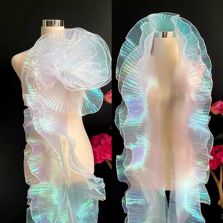 100% Polyester Glitter Tulle Fabric Transparent Changing Color 3D Printed Folded Wedding Dress Wrinkle Fabric Outdoor Curtain