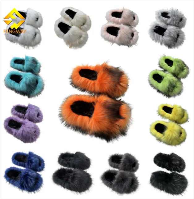 2025 FashionFall Female Shoes Candy Color Rich Faux Raccoon Fur Women Faux Fur Slippers