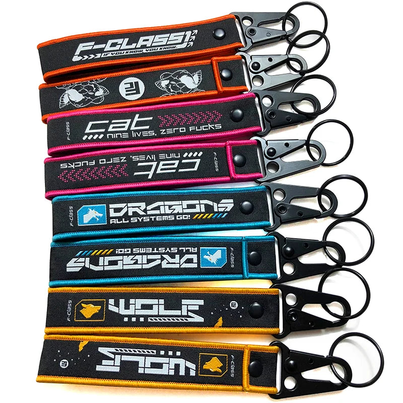 Custom Car Logo Fabric Embroidery Woven Keychains Whistles Lanyard Motorcycle Carabiner Clip  Keychain Custom Key Chains