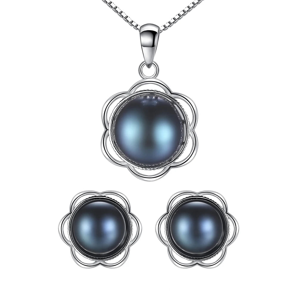 Daidan Fresh Water Pearls Black Rhodium Plated Elegant Flower 925 Silver Pearl Jewelry Set