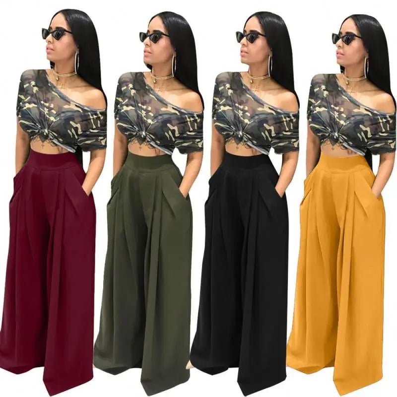 New Women's Satin Elastic Waist Fashion Street Long Wide-leg Casual Flared Pants