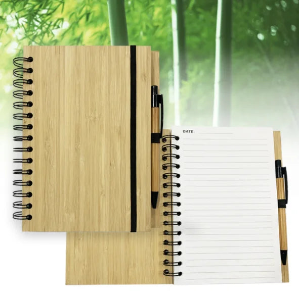 Wood Grain Notepad Hot Sell Customized Recycled Bamboo Cover Notebook with Bandage Pen Holder Wood Notebook and Pen Gift Sets