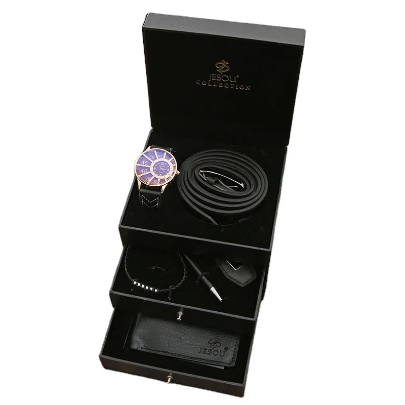 Fashion Business Men Gift Set PU Leather Top Bracelet Wallet Belt 6pcs Gift Set for Business Partners and Friends New Year Gifts