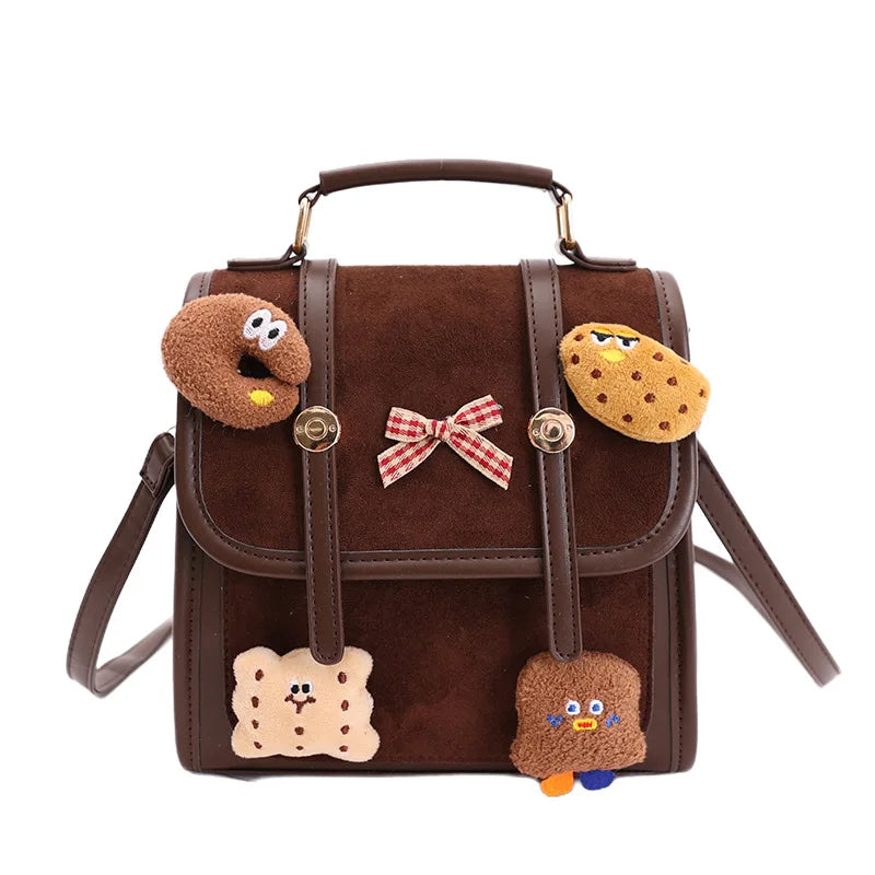 Brown Suede Satchel Bag with Cute Snack Plush Decor - Small Top-Handle Crossbody Purse for Women