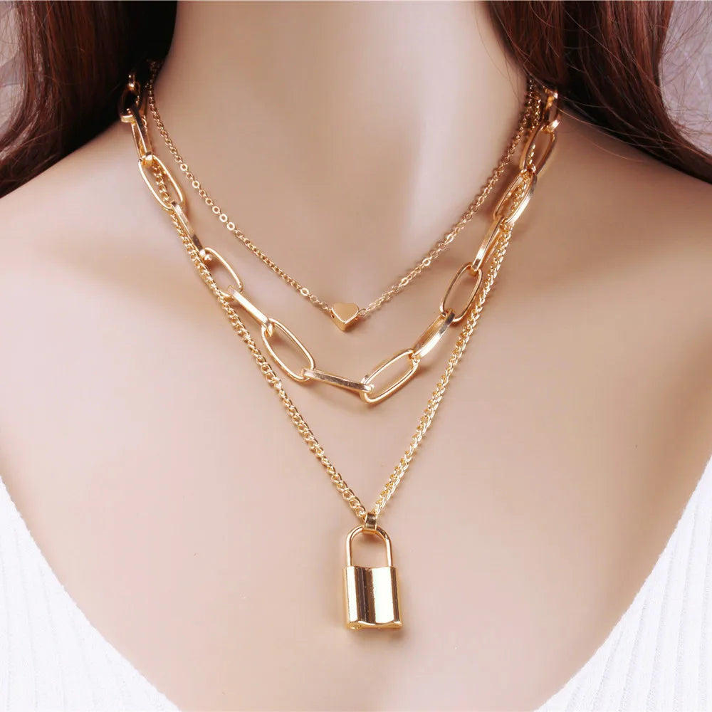 European Style Multi Layer Heart Shape Charm Necklace Gold Plated Chain Lock Pendant Necklace