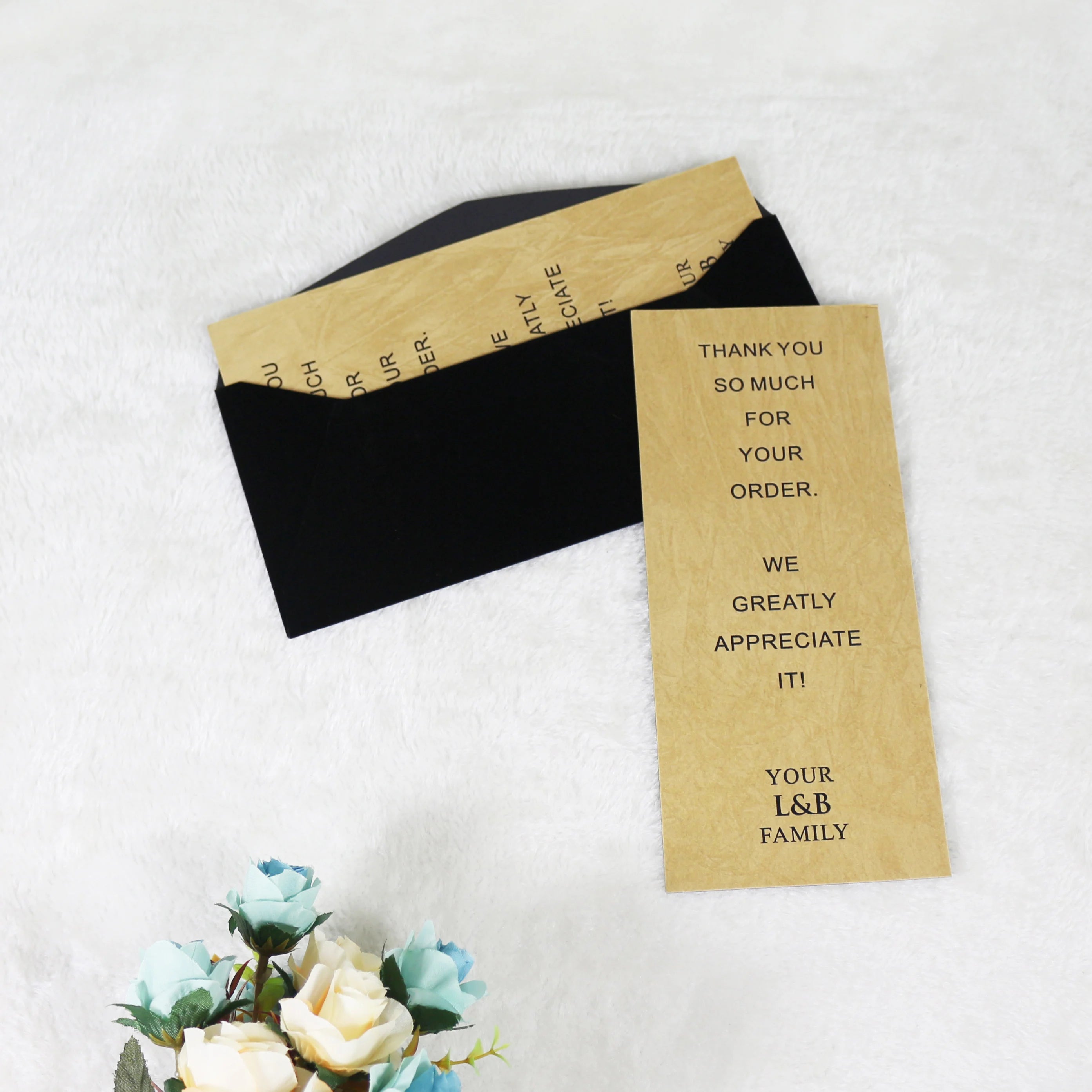 Personalized Gold Foil Logo Greeting Card Luxury Black Velvet Envelope Fancy Textured Velvet 'Thank You' Rectangle Paper
