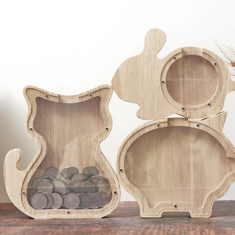 China Supplier Decorative Children Birthday Gift Money Box Wooden Piggy Cat Rabbit Wooden Money Box Saving for Kids