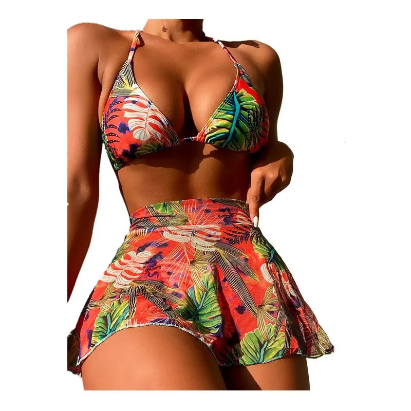 Summer Suit Women Three-piece Bikini With Large Flower and Leaf Print Women's Bikinis Dress High Waist Ropa Mujer Beachwear