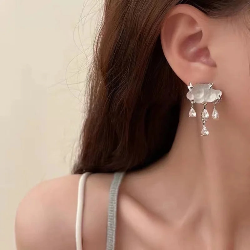 Rinhoo Korean Fashion Earrings Ins Simple Sweet Cloud Lightning Zircon Tassel Pendant Stud Earrings for Women Jewelry Gift
