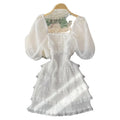 2026 Summer New French Beach Bow Dress Seaside Holiday White square Neck Cake Dress Puff Sleeve Mesh Dress