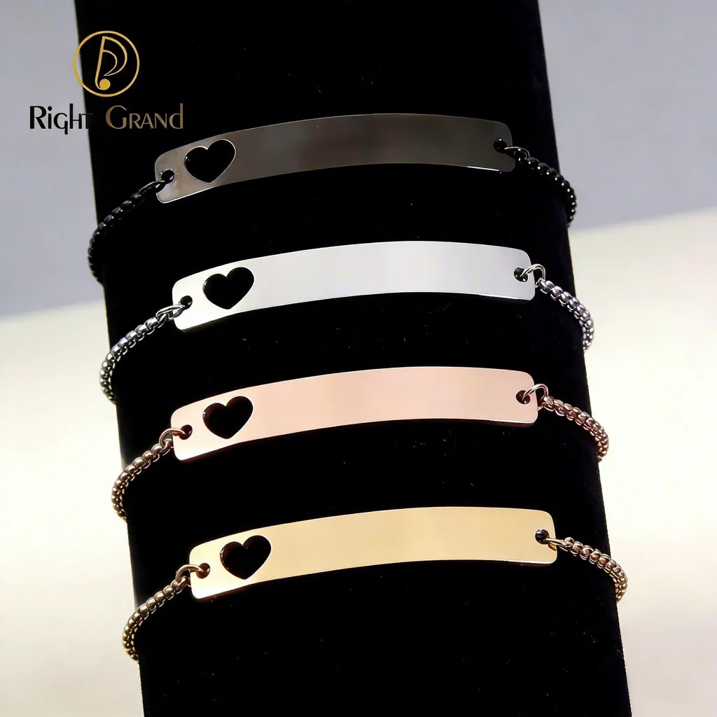 Hot Sell Jewelry DIY Curved Hollow Heart Shape Stainless Steel Women Children's Bracelet Bangles Engrave Bar Box Chain Bracelet