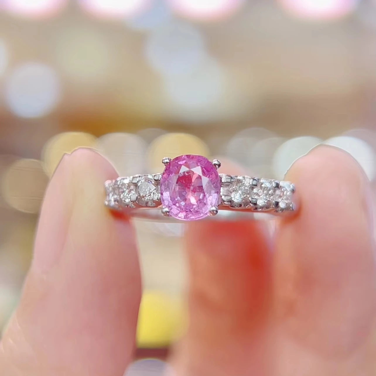 New Light Luxury Classic Pink Sapphire Diamond 18K White Gold Wedding Engagement Ring for Anniversary & Party Gift