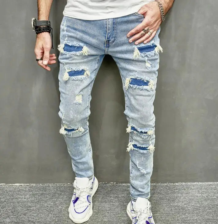 Wholesale Designers Pantalones Blue Jeans Mens Ripped Skinny Stretch Denim Pants Slim Men's Jeans With Holes