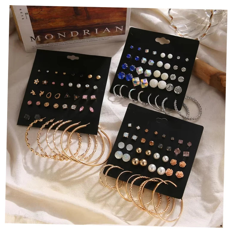 20Pcs/Set Earrings Pearl Rhinestone Rose Earring Set for Women Jewelry Wholesale