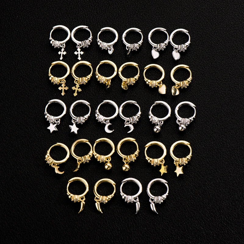 Fashion Jewelry 925 Sterling Silver Heart Cross Star Moon Bead Ball Round Disc Eggplant Chili Zircon Gold Plated Hoop Earrings