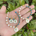 HOT Selling Blue Eyes Charms Jewelry PVD 18K Gold Plated Stainless Steel Necklace Bracelet Earrings Sets Handmade Pearl Necklace