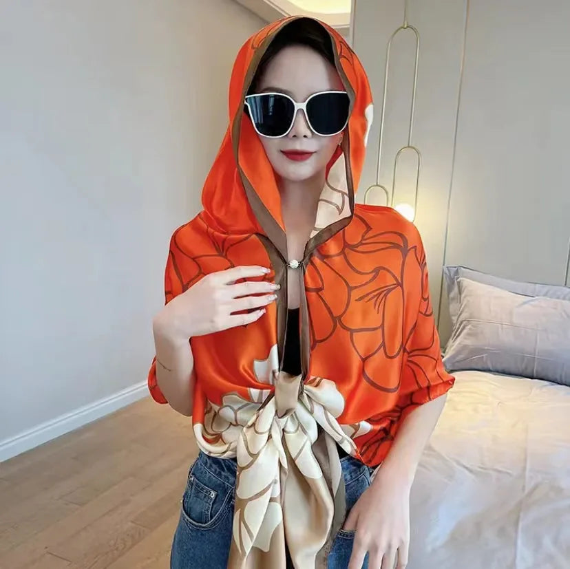 2023 Free Size Variable Cover up for Women Sun protection Satin Tops Imitation Silk  Hooded Scarf
