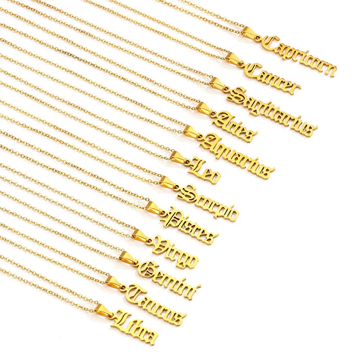 Fashion 18K Gold Plated Non Tarnish Vertical Astrology 12 Horoscope Stainless Steel Zodiac Sign Necklace Jewelry for Women
