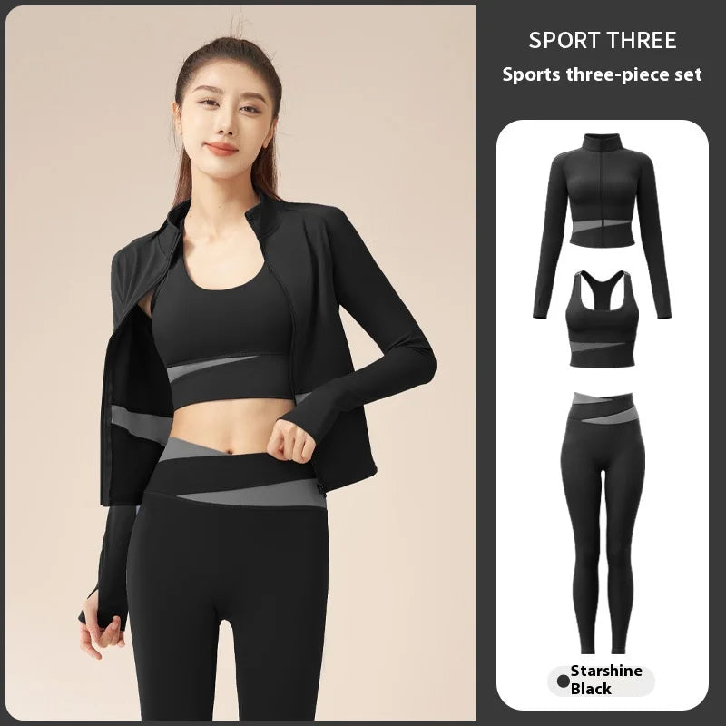 Breathable Three-Piece Yoga Suit Slim-Fit Elastic Waist Fitness Set Solid Color Running Tunic Matching Sports Outfit  Training