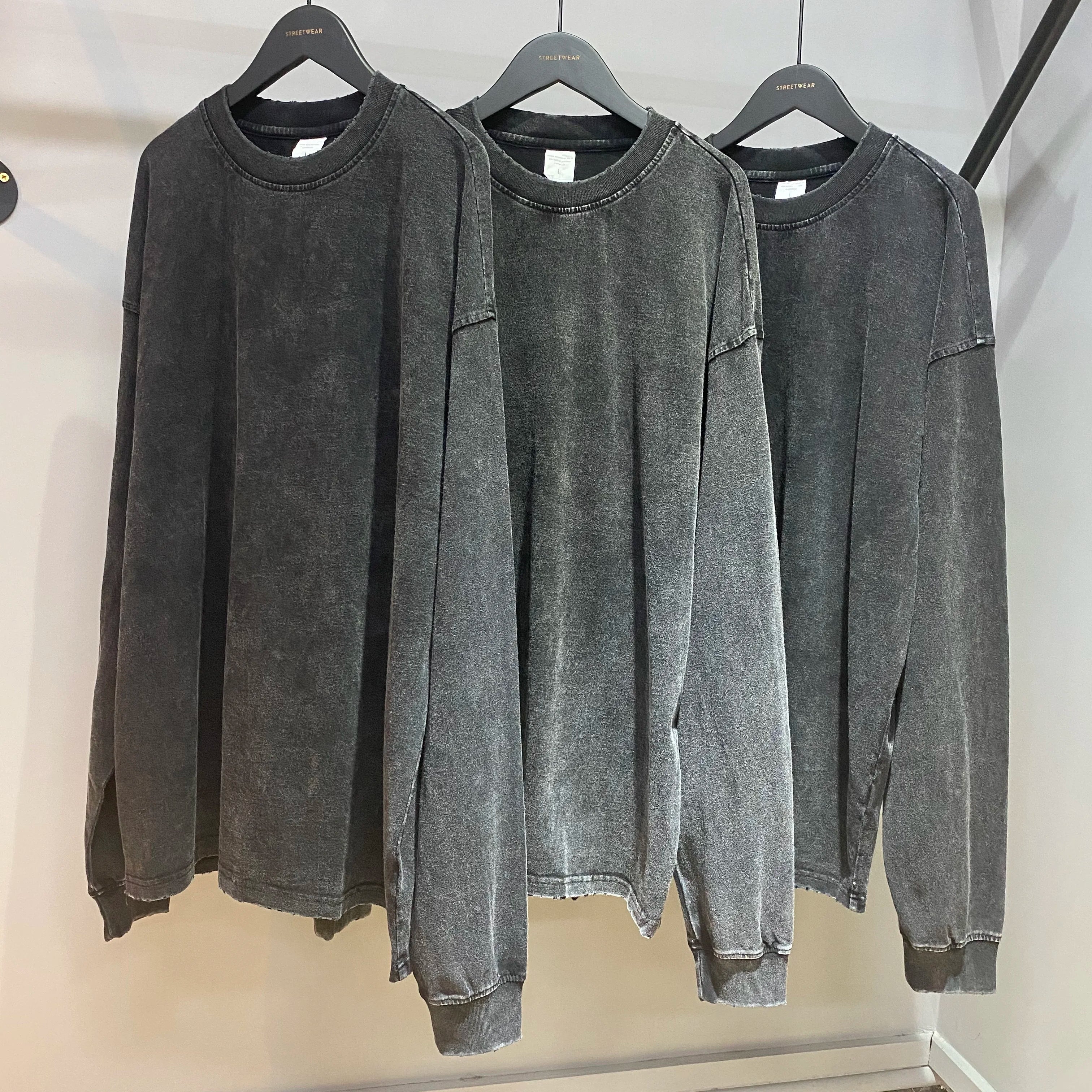 Custom Oversized Full Sleeve T Shirt Heavy Weight Bulk Distressed Acid Wash Tshirt Men's Vintage Long Sleeve T-Shirt for Men