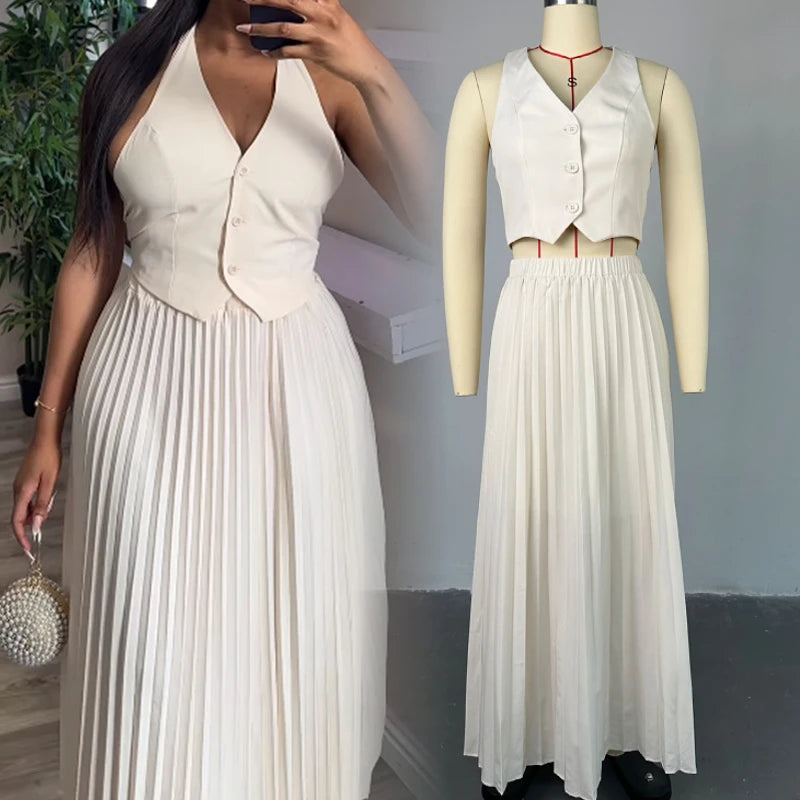 Summer Fall Women Clothes Ladies Casual Elegant Dresses New Solid Color tank Vest Crop Top Skirts Two Piece Women's Skirt Sets