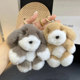 Pluff Dog Keychain Real Rex Rabbit Fur Key Chains Toys Doll Fluffy Pom Pom Lovely Pompom Dog Keyring Backpack Pendant