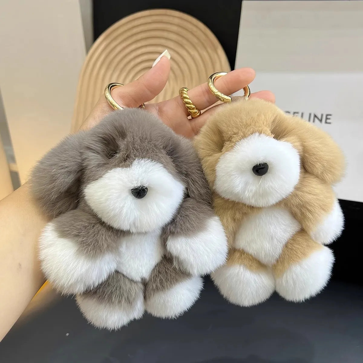Pluff Dog Keychain Real Rex Rabbit Fur Key Chains Toys Doll Fluffy Pom Pom Lovely Pompom Dog Keyring Backpack Pendant