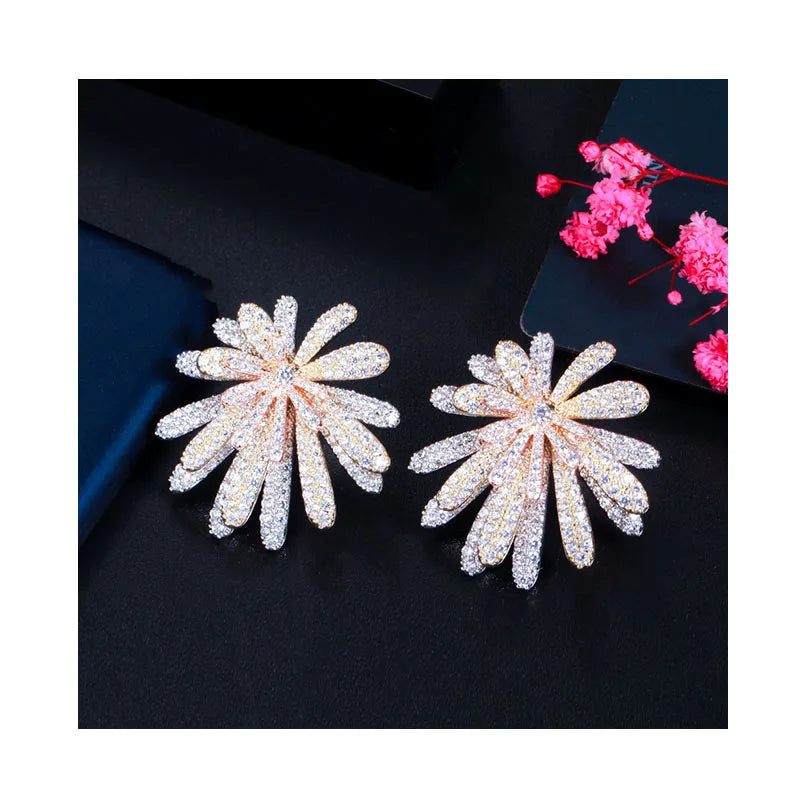 Stylish 3D Multi-layer Flower Zirconia Earrings Full Diamond Paved Brass Multiple Plating Color Big Sunflower Earrings