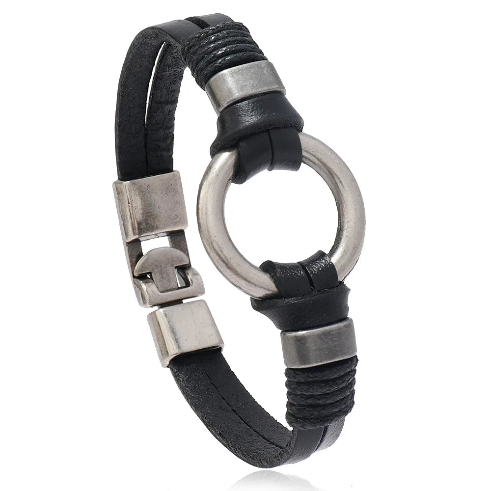 Hot Selling Simple Multi-layer Woven Men's Cowhide Bracelet Retro Handmade Metal Clasp Leather Bracelet Men