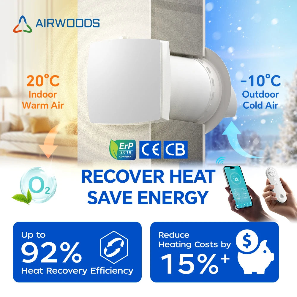 2024 HRV Single Room Ductless Wall Mounted Heat Recovery Ventilation Fresh Air Recuperation System Heat Recuperator Bypass