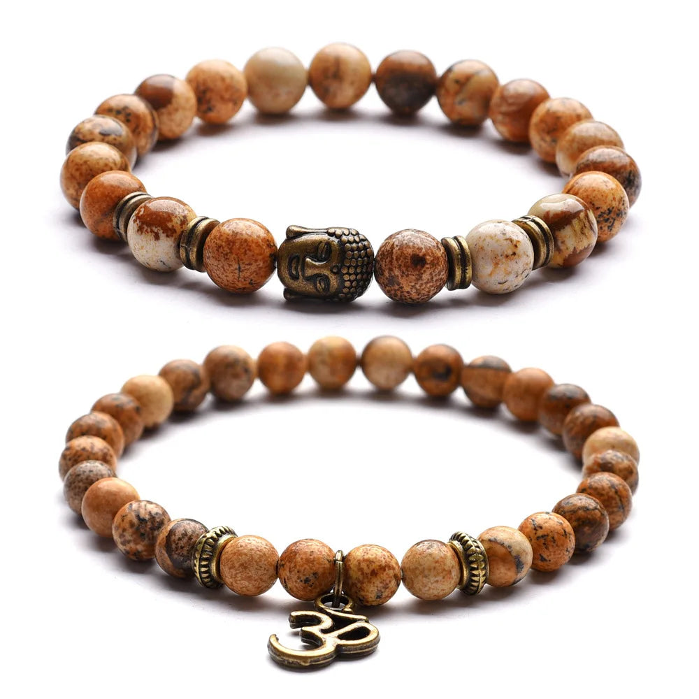 Natural Stone Picture Black Agate Bead Om Buddha Head Pendant Men Bracelet