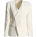 2025 New French Elegant Women's V-Neck Single Button Closure Jacket Solid Color Suit Woven Polyester/Cotton Full Sleeve Hand