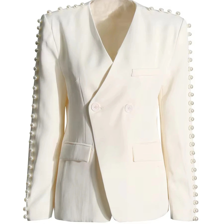 2025 New French Elegant Women's V-Neck Single Button Closure Jacket Solid Color Suit Woven Polyester/Cotton Full Sleeve Hand