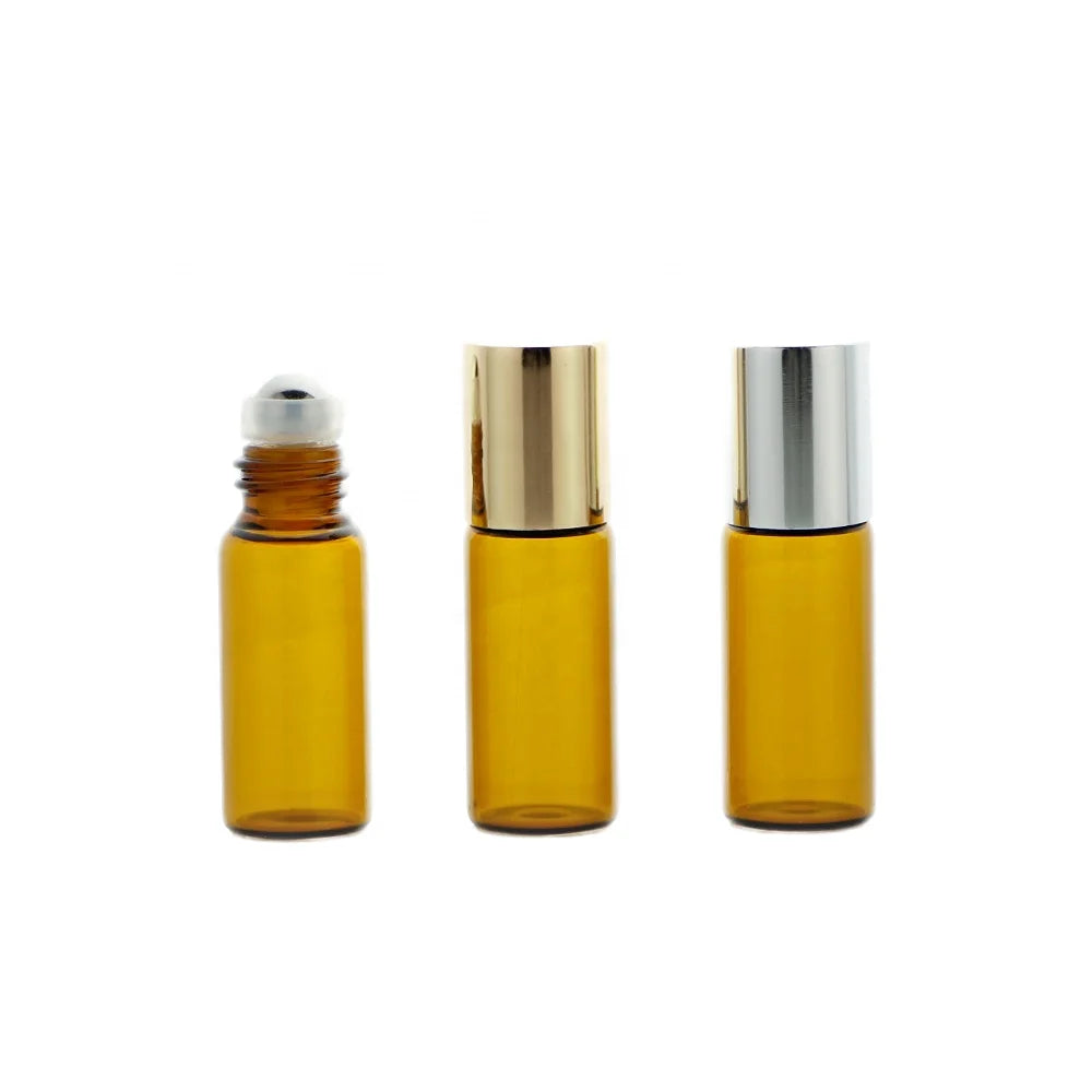 BLP15-3ML Mini Amber Glass Essential Oil Roll on Bottle With Metal Roller Ball Applicator for Nail Care Gold Silver Metal Cap