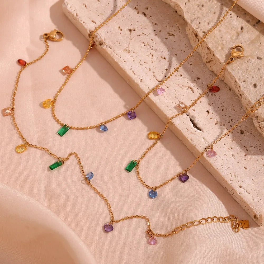 Dainty Handmade Fine Necklace Bracelets Link Anklet 18K Gold Plated Stone Beaded Long Chain Zircon Waterproof Jewelry Sets