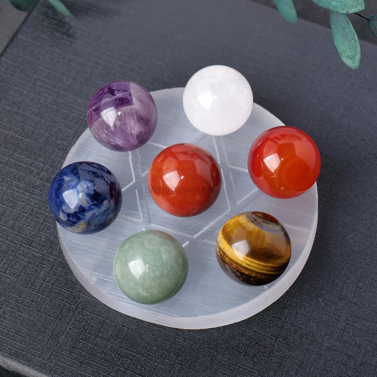 Natural Healing Crystal Seven Star Round Selenite Plate Seven Chakra Balls Set Box for Decoration