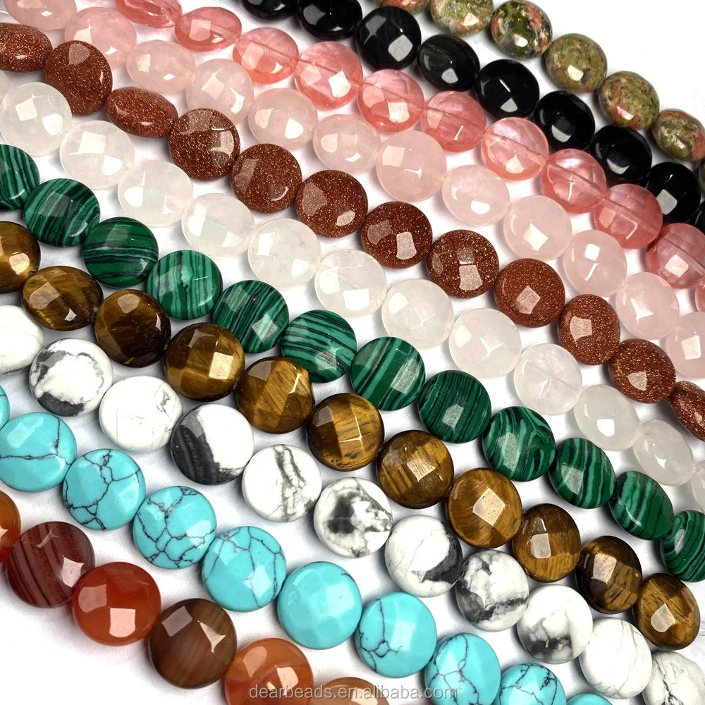 Hot Sell Faceted Coin Gemstone Beads Strand Natural Malachite Goldstone Jasper Jade Stone for DIY Jewelry Making 12 16mm 19CM