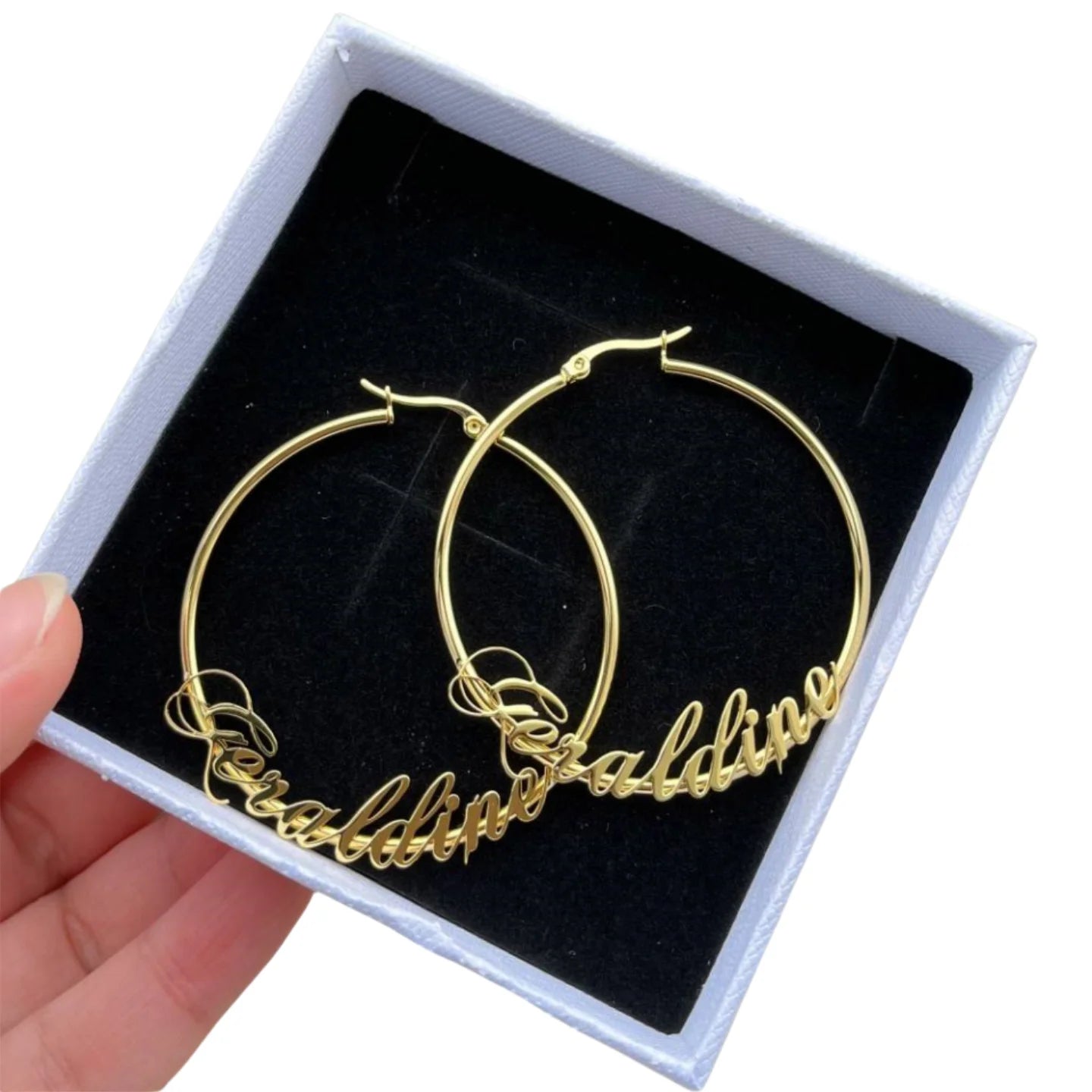 QHAN Personalized Stainless Steel Nameplate Earrings Custom Name Hoop Earrings