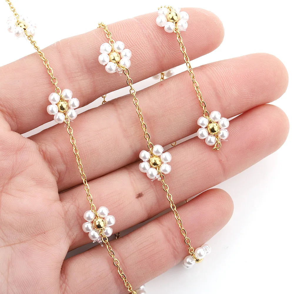 Handmade Stainless Steel Chain with 18K Gold Plating Pearl Flower Design for DIY Jewelry Accessories