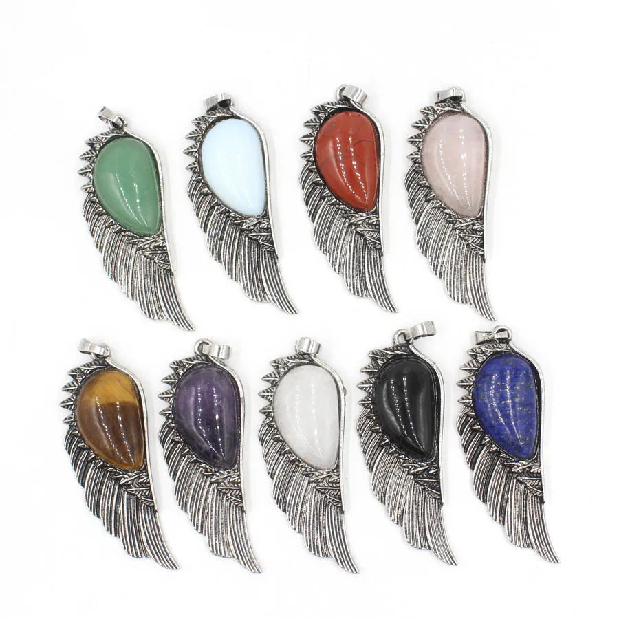 Vintage Natural Stone Pendant Necklace Gemstone Jewelry tiger Eye Lapis Lazuli Green Aventurine Crystal Wing Pendant