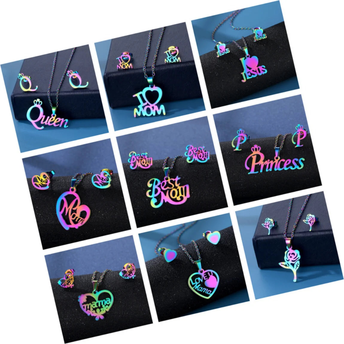 DAIHE Hip-hop Smooth Stainless Steel Love My Mother Promotional Fine Jewelry Sets Necklace Earrings for Women