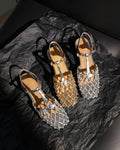 Summer Breathable Lace-up PU Upper Square Toe Gold Silver Cowhide Woven Hollow Out Women Flat Sandals