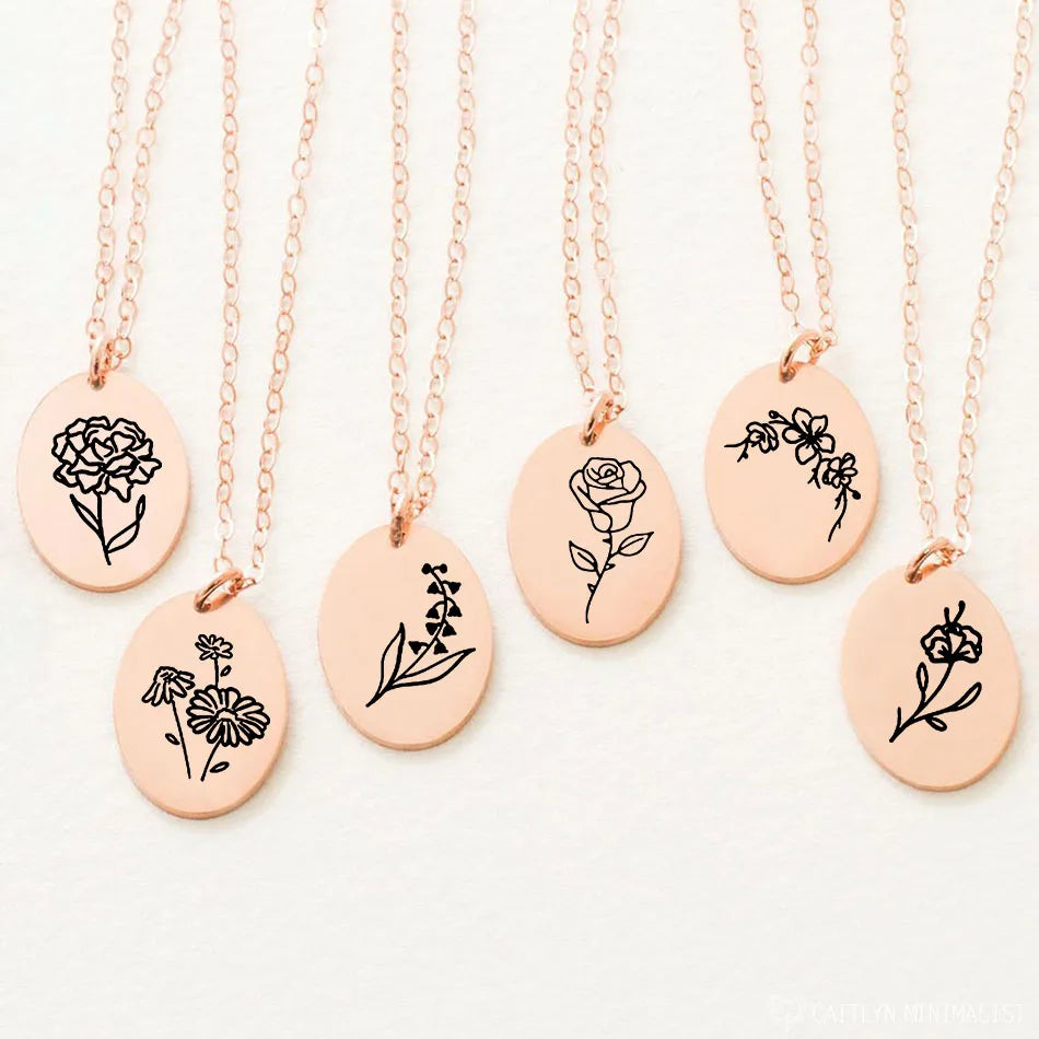 12 Flower Jewelry Stainless Steel Oval Pendant Necklace Custom Engraved  Birthflower Necklace